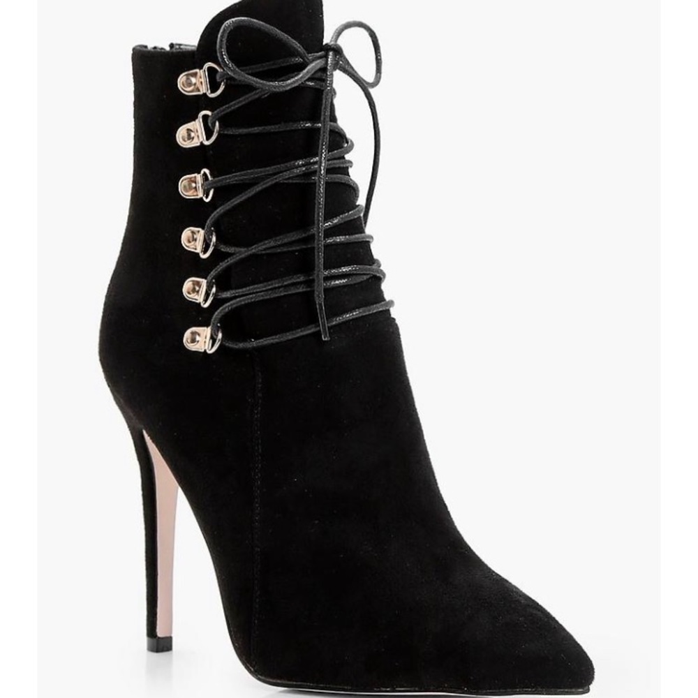 Black faux suede stiletto pumps